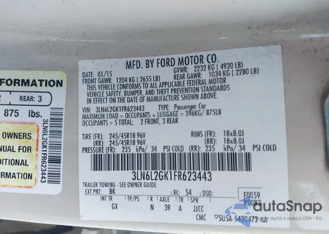 2015 Lincoln Mkz z USA, uszkodzony, nr VIN 3LN6L2GK1FR623443